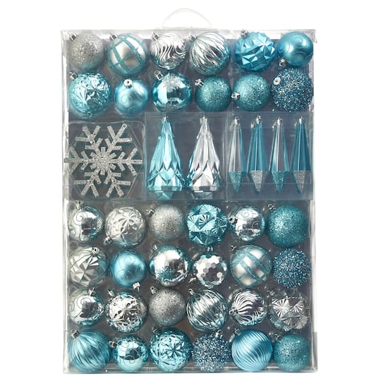 52ct. 6&#x22; Blue &#x26; Silver Shatterproof Ornament Set